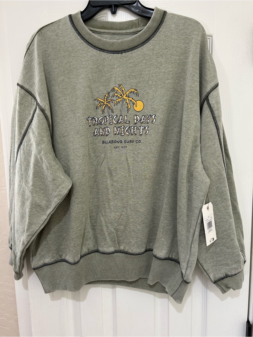 Billabong Olive Green Crewneck Sweatshirt with Yellow Palm Graphic